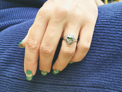 Marquise Green Tourmaline & Pear Cut Diamond Signet Ring