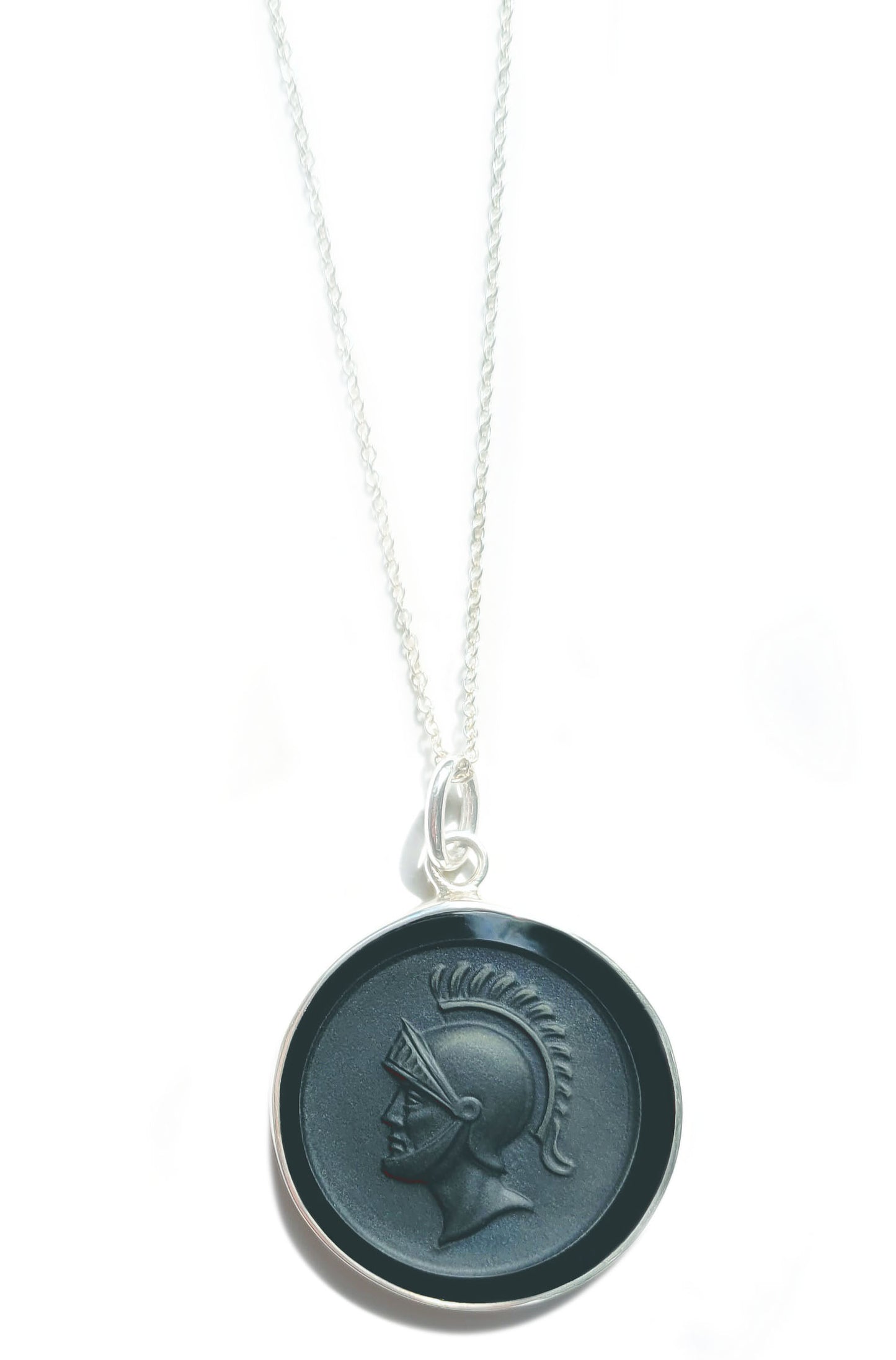 Black Onyx Warrior Cameo Necklace in Sterling Silver