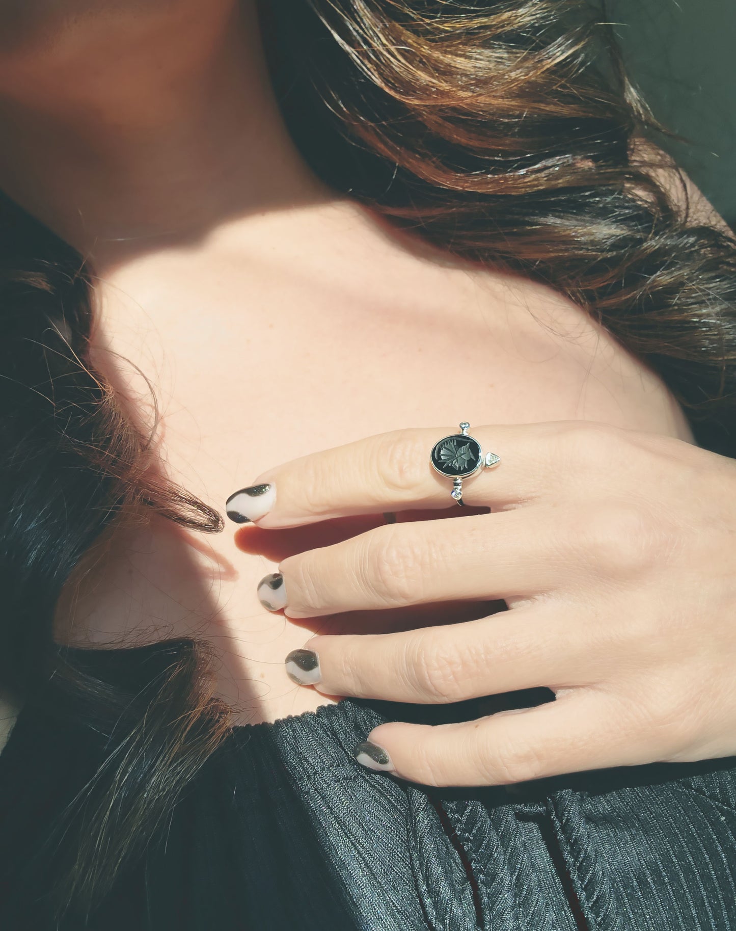 Black Onyx Intaglio & Three Stone Diamond Ring
