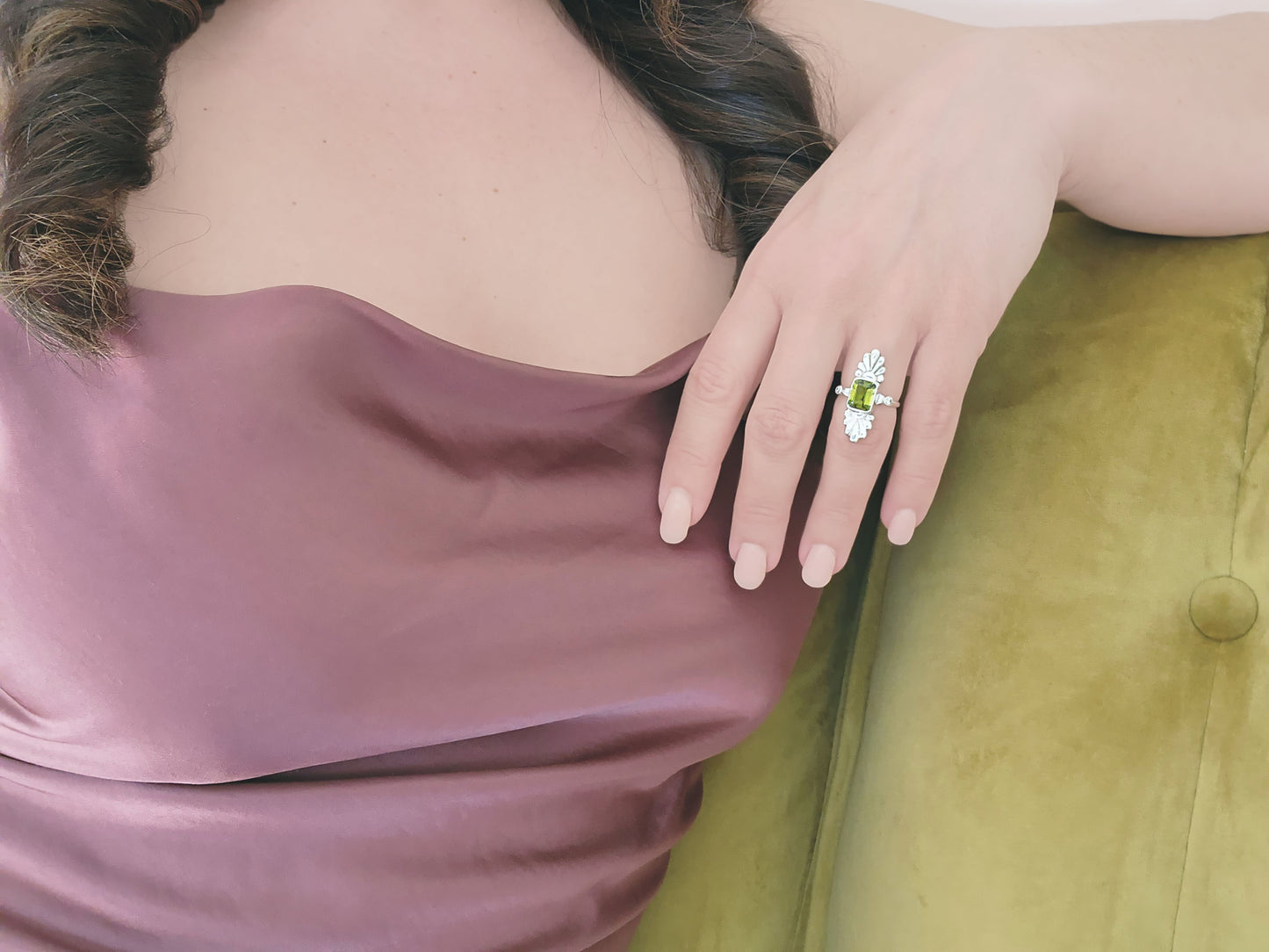 Faceted Emerald Cut Green Tourmaline & Diamond Silver Flower Ring